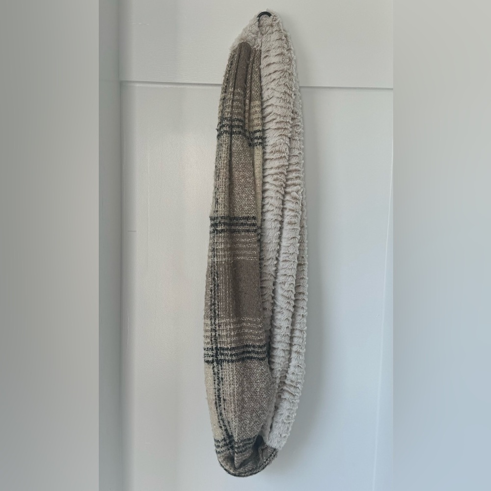 Anthropologie Infinity Scarf Beige & Brown Faux Fur & Plaid